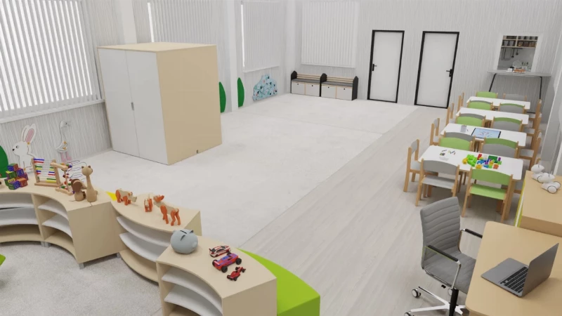 Trieda v materskej škole so skriňami na postieľky